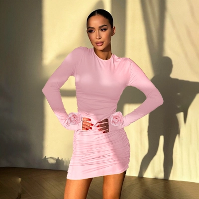 Autumn Women's 3D Flower Embellished Long Sleeve Pencil Dress 02