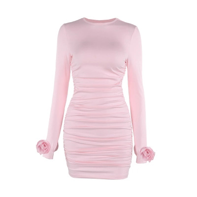 Autumn Women's 3D Flower Embellished Long Sleeve Pencil Dress 01