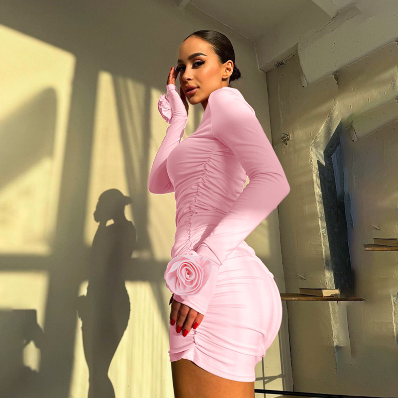 Autumn Women's 3D Flower Embellished Long Sleeve Pencil Dress