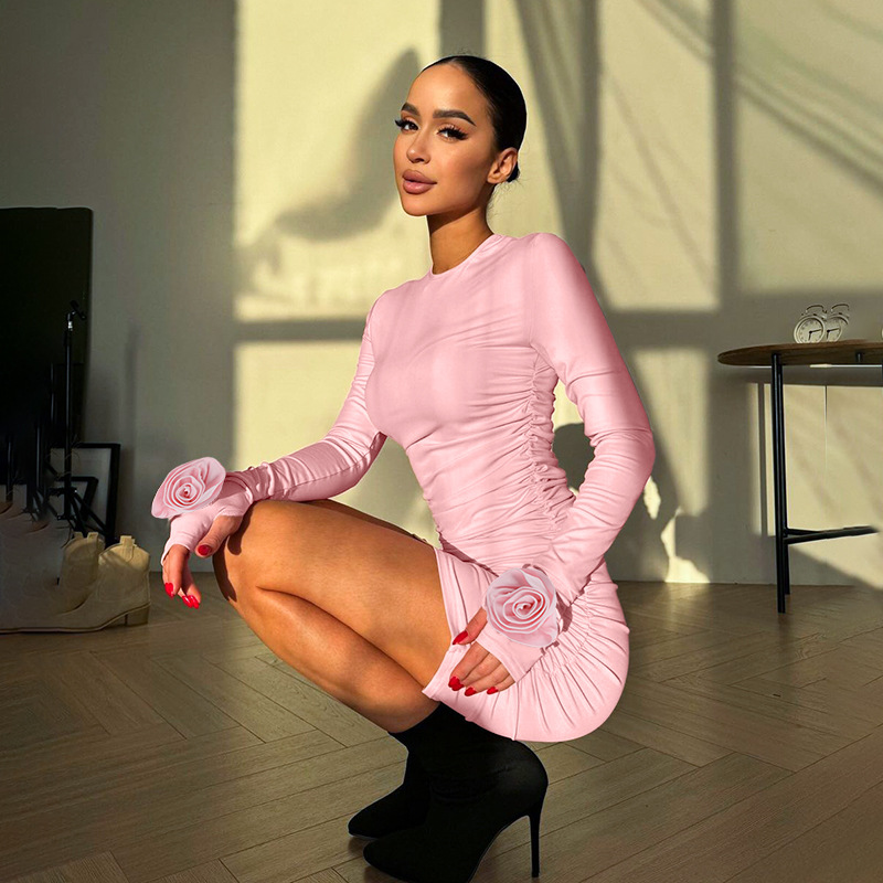 Autumn Women's 3D Flower Embellished Long Sleeve Pencil Dress