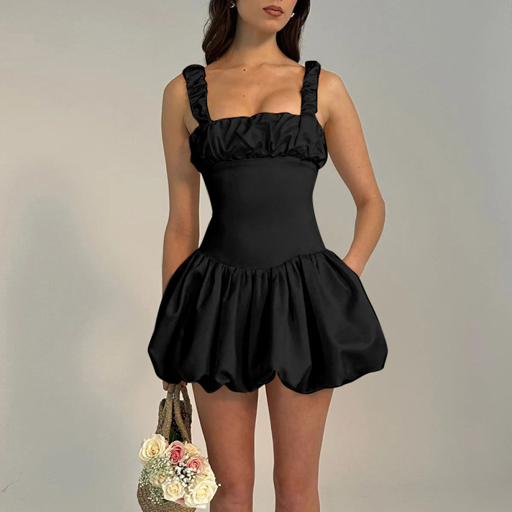  Ruched Smock  French Style Sleeveless Puff Sleeve Mini Dress