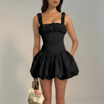  Ruched Smock  French Style Sleeveless Puff Sleeve Mini Dress