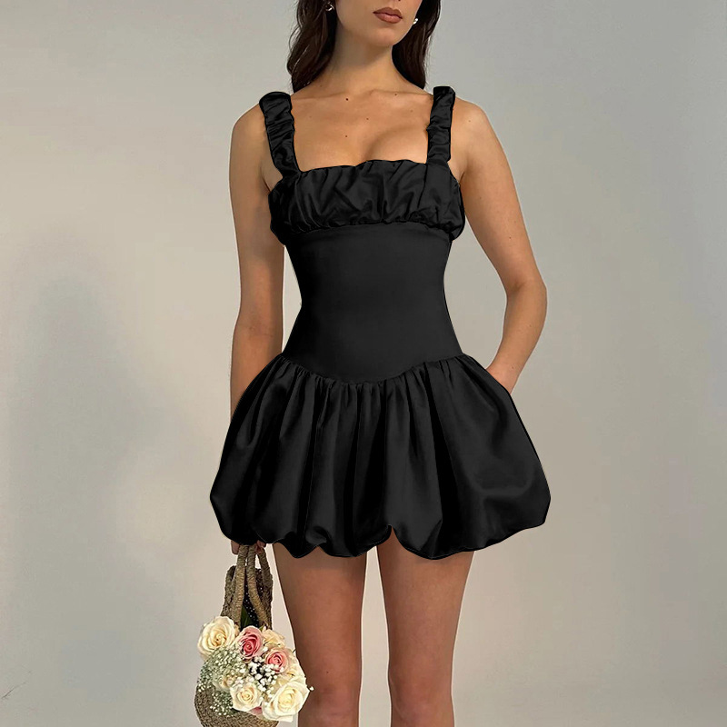  Ruched Smock  French Style Sleeveless Puff Sleeve Mini Dress