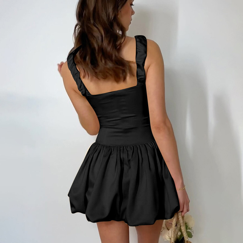  Ruched Smock  French Style Sleeveless Puff Sleeve Mini Dress