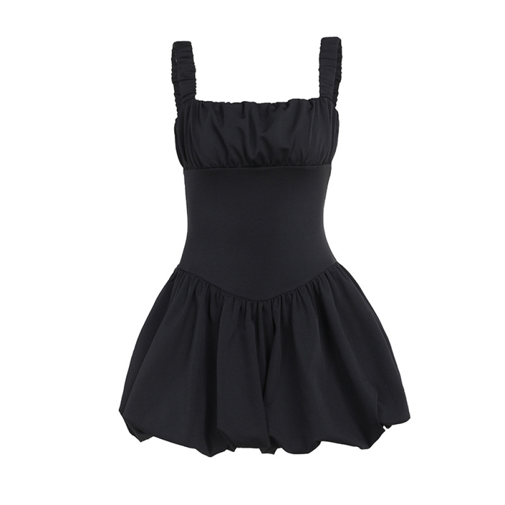  Ruched Smock  French Style Sleeveless Puff Sleeve Mini Dress
