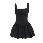  Ruched Smock  French Style Sleeveless Puff Sleeve Mini Dress