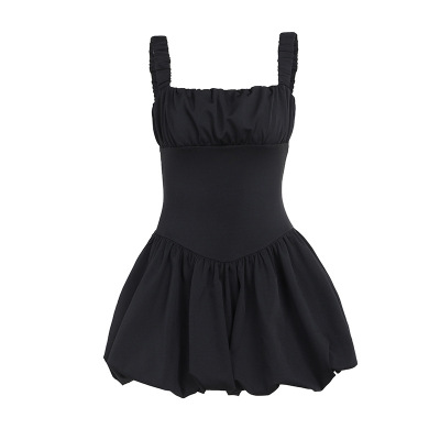 Ruched Smock  French Style Sleeveless Puff Sleeve Mini Dress 01