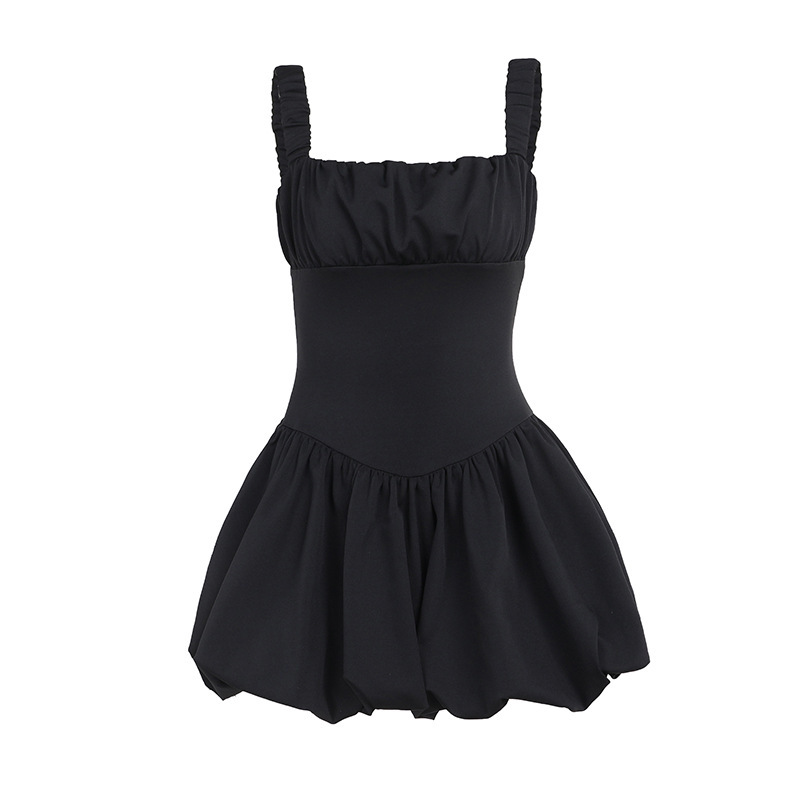  Ruched Smock  French Style Sleeveless Puff Sleeve Mini Dress