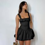  Ruched Smock  French Style Sleeveless Puff Sleeve Mini Dress