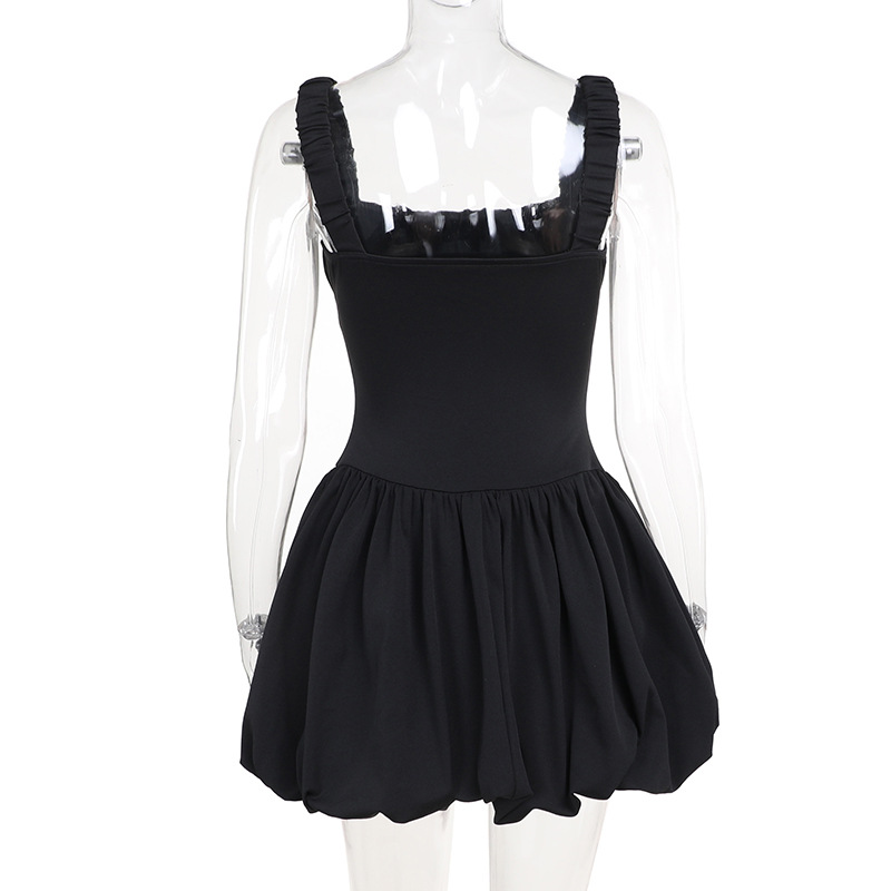  Ruched Smock  French Style Sleeveless Puff Sleeve Mini Dress