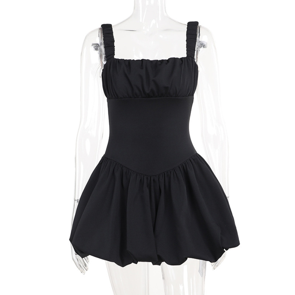  Ruched Smock  French Style Sleeveless Puff Sleeve Mini Dress