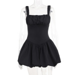 Ruched Smock  French Style Sleeveless Puff Sleeve Mini Dress