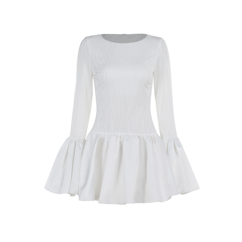 Aristocratic Style Textured Long Sleeve Ruffle Mini Dress