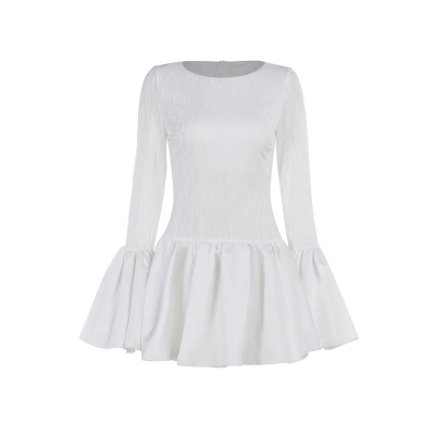 Aristocratic Style Textured Long Sleeve Ruffle Mini Dress 01