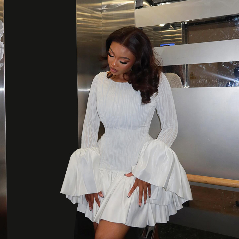 Aristocratic Style Textured Long Sleeve Ruffle Mini Dress