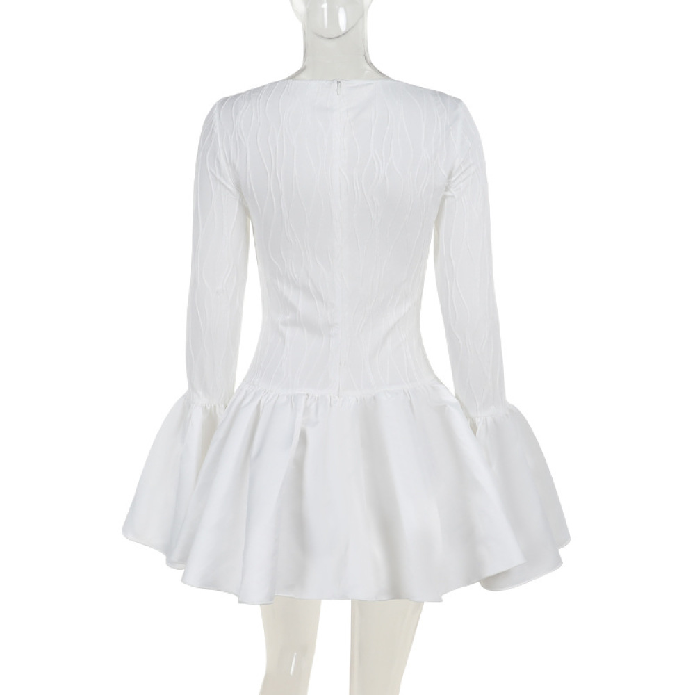 Aristocratic Style Textured Long Sleeve Ruffle Mini Dress