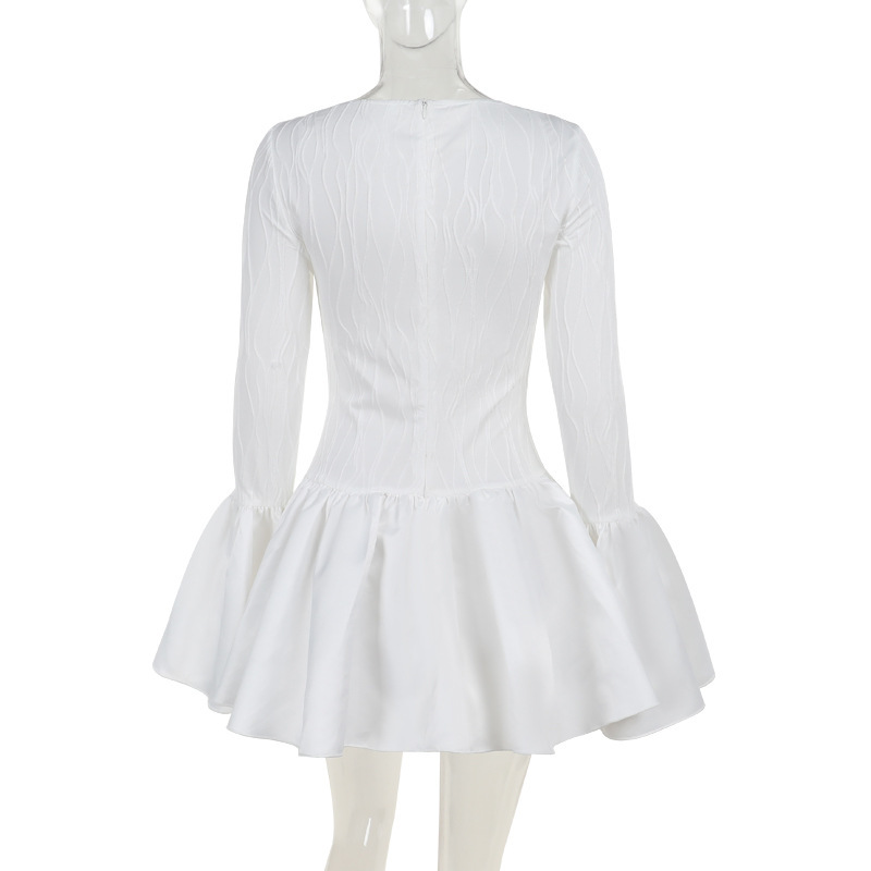 Aristocratic Style Textured Long Sleeve Ruffle Mini Dress