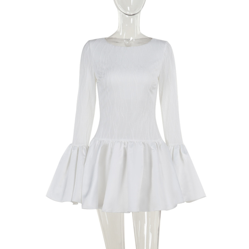 Aristocratic Style Textured Long Sleeve Ruffle Mini Dress