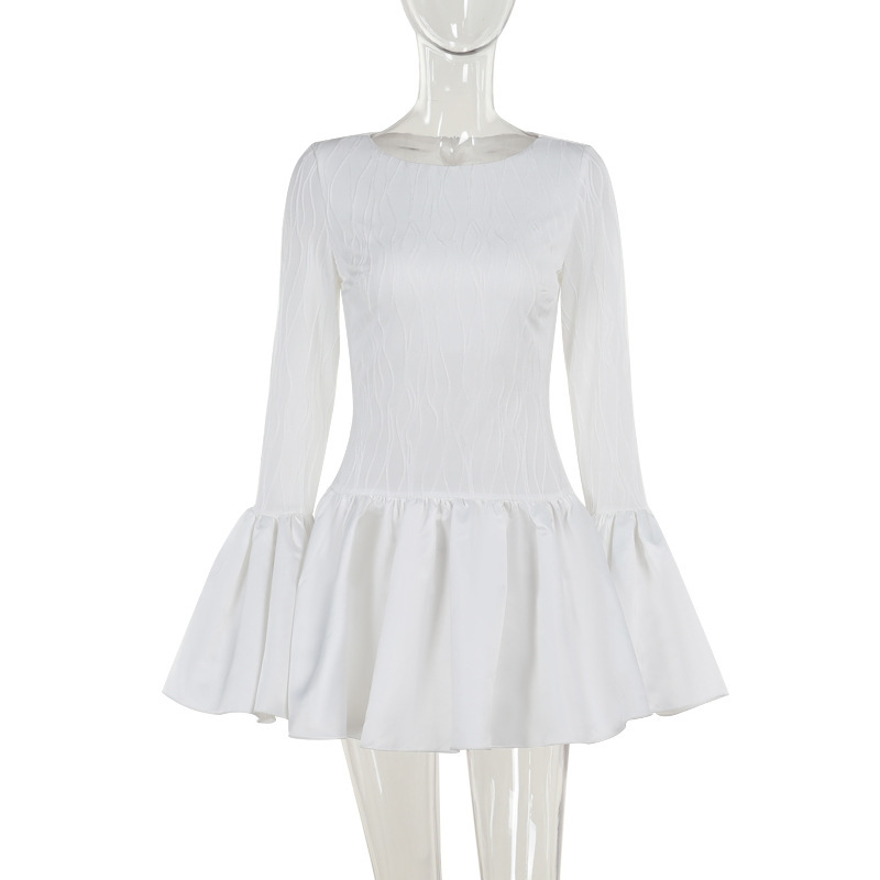 Aristocratic Style Textured Long Sleeve Ruffle Mini Dress