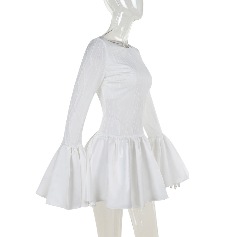 Aristocratic Style Textured Long Sleeve Ruffle Mini Dress