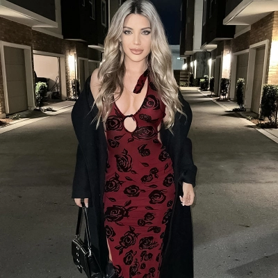 2025 Summer New Women's Sexy Deep V Rose Print Backless Maxi Dress 02