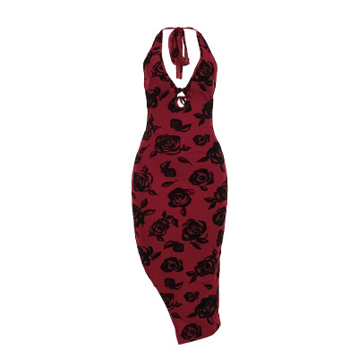 2025 Summer New Women's Sexy Deep V Rose Print Backless Maxi Dress 01
