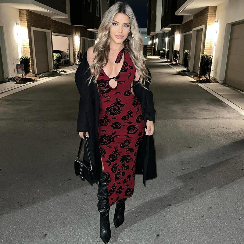 2025 Summer New Women's Sexy Deep V Rose Print Backless Maxi Dress