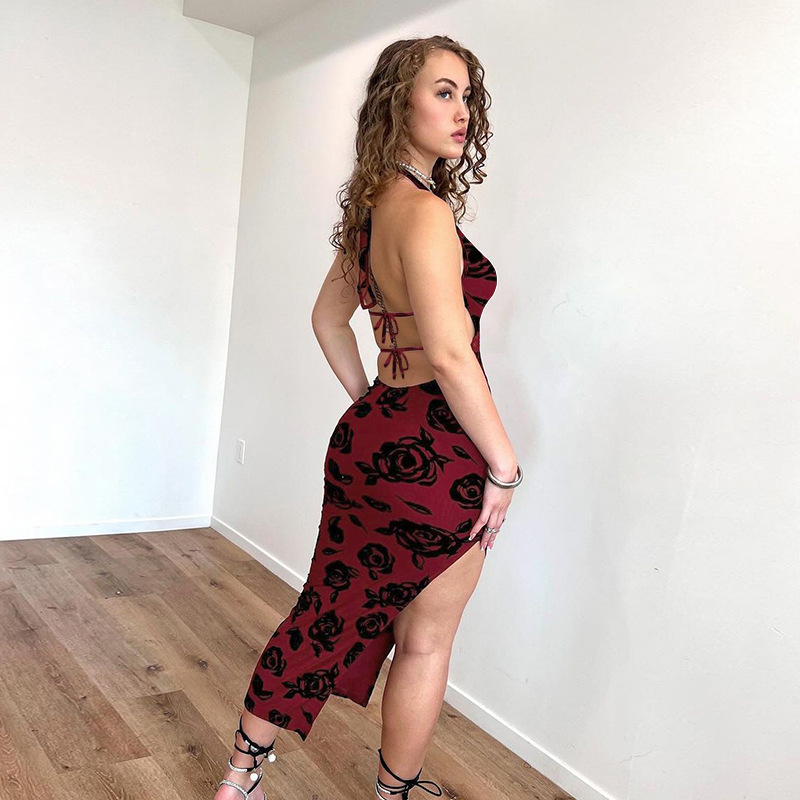 2025 Summer New Women's Sexy Deep V Rose Print Backless Maxi Dress