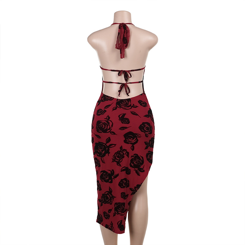 2025 Summer New Women's Sexy Deep V Rose Print Backless Maxi Dress