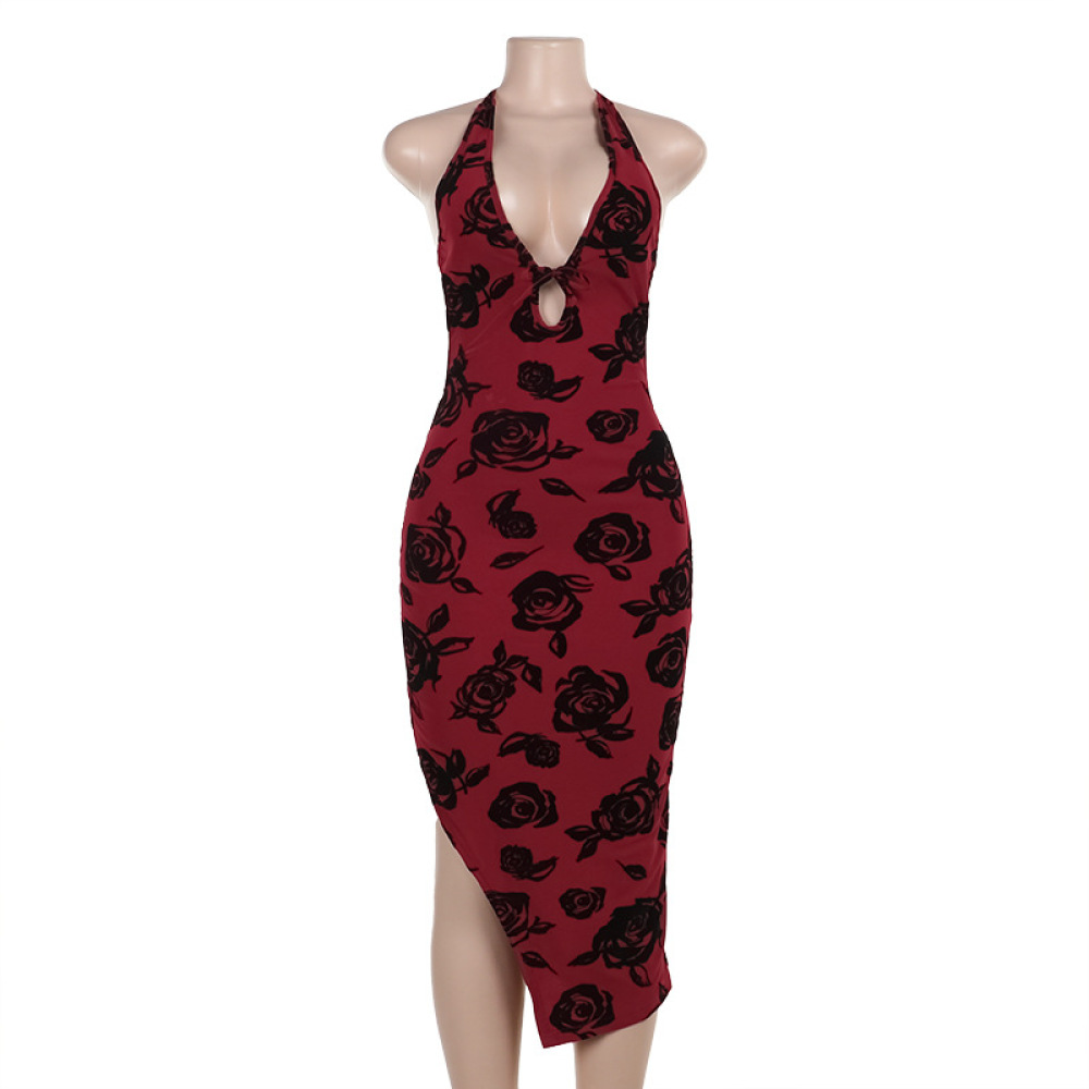 2025 Summer New Women's Sexy Deep V Rose Print Backless Maxi Dress