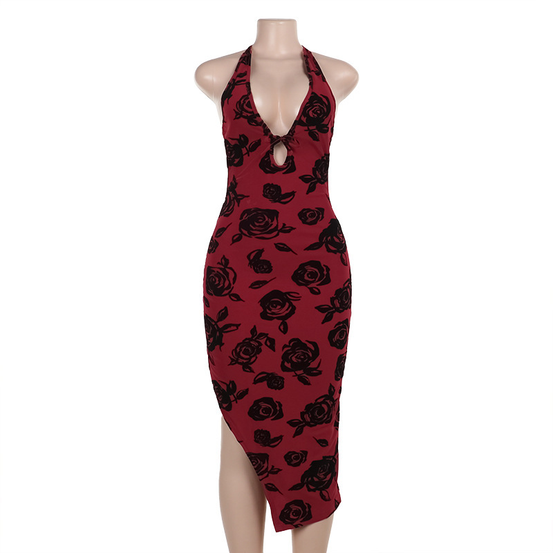 2025 Summer New Women's Sexy Deep V Rose Print Backless Maxi Dress
