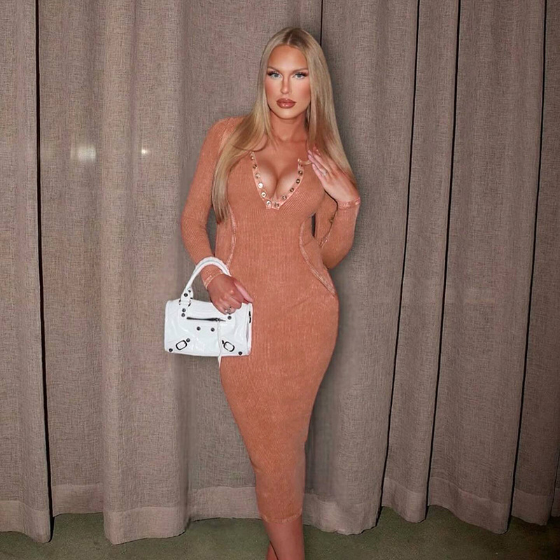 2025 Fall Winter New Women's Knit Jacquard V-Neck Long Sleeve Dress