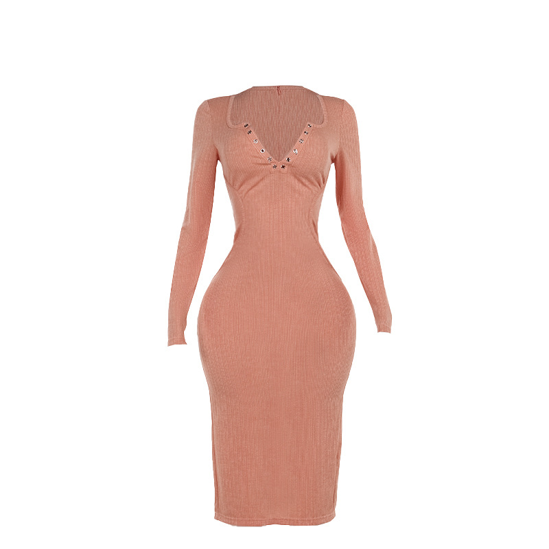 2025 Fall Winter New Women's Knit Jacquard V-Neck Long Sleeve Dress