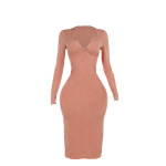 2025 Fall Winter New Women's Knit Jacquard V-Neck Long Sleeve Dress