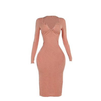 2025 Fall Winter New Women's Knit Jacquard V-Neck Long Sleeve Dress 01