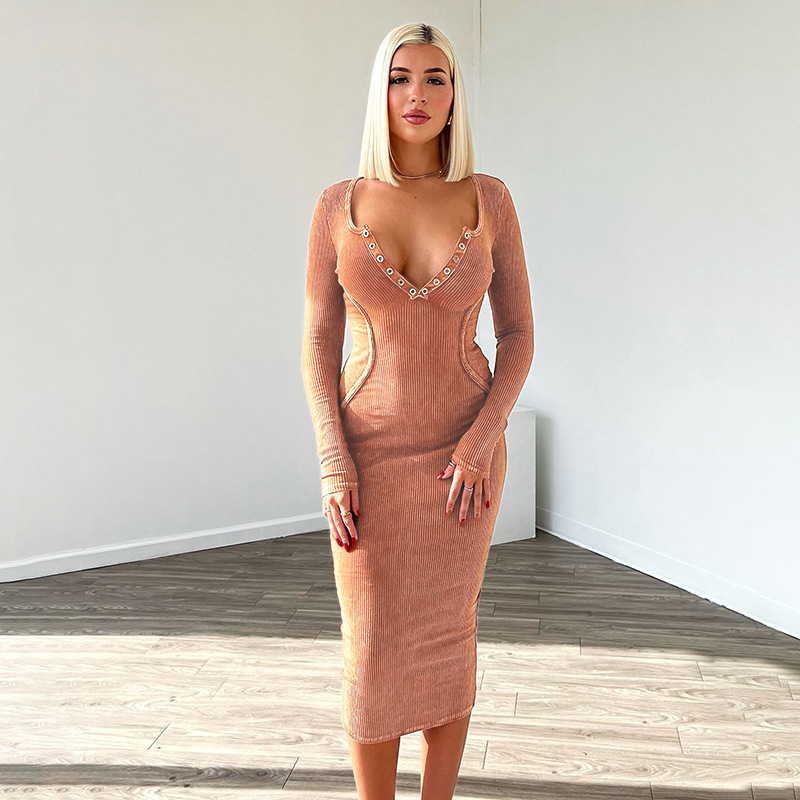 2025 Fall Winter New Women's Knit Jacquard V-Neck Long Sleeve Dress