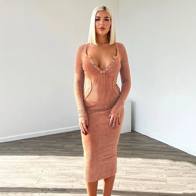 2025 Fall Winter New Women's Knit Jacquard V-Neck Long Sleeve Dress 02