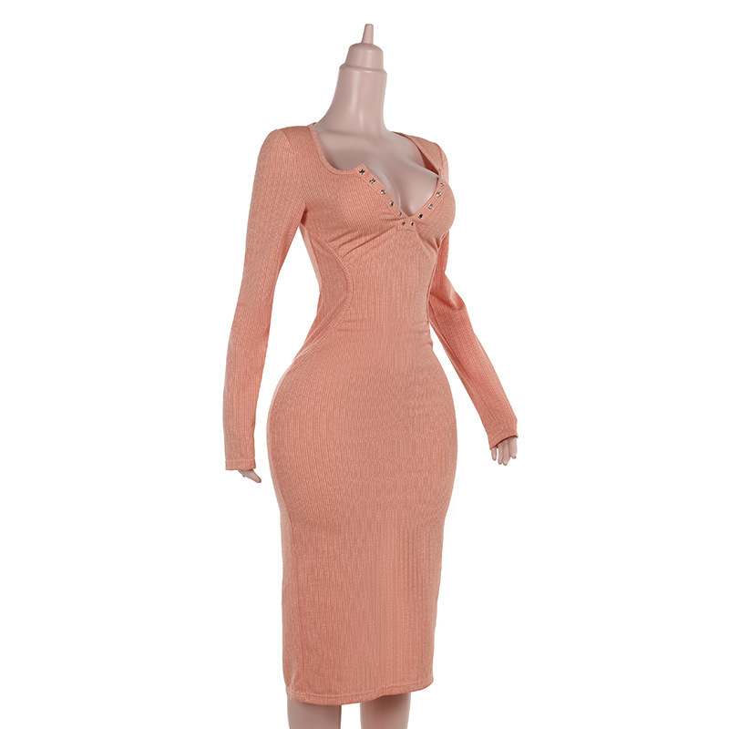 2025 Fall Winter New Women's Knit Jacquard V-Neck Long Sleeve Dress