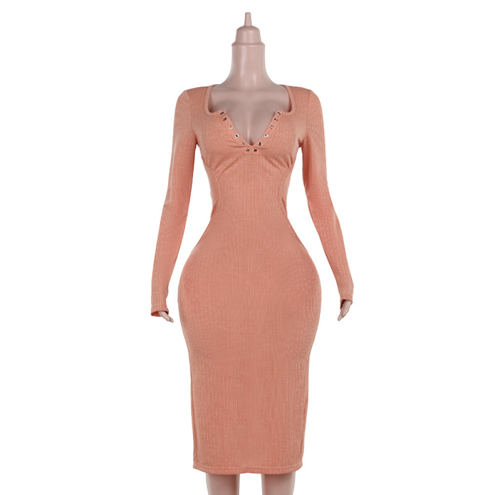 2025 Fall Winter New Women's Knit Jacquard V-Neck Long Sleeve Dress