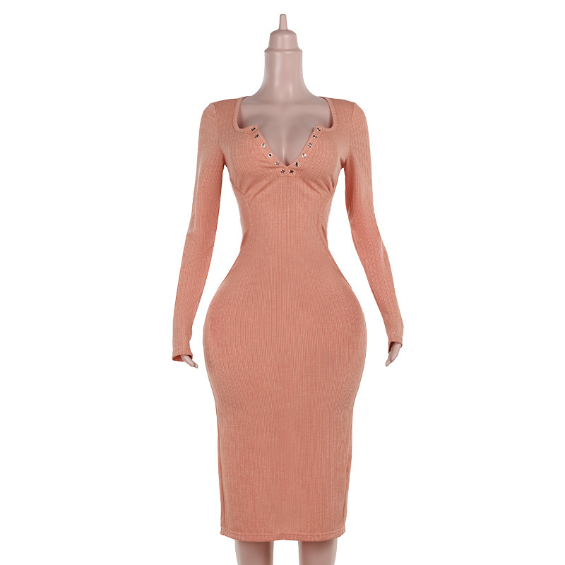 2025 Fall Winter New Women's Knit Jacquard V-Neck Long Sleeve Dress