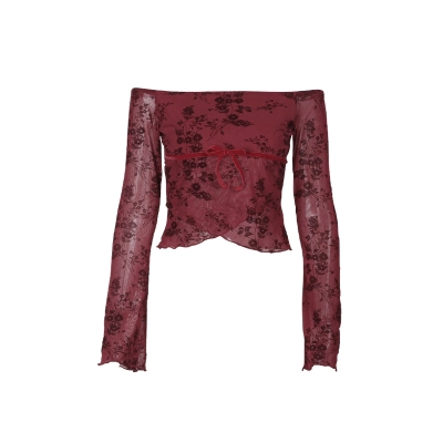 Off-the-Shoulder Mesh Printed Long Sleeve Top 01