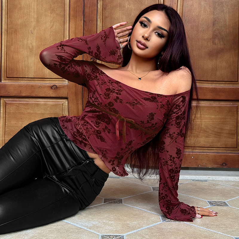 Off-the-Shoulder Mesh Printed Long Sleeve Top