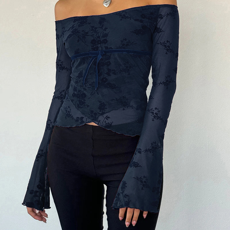 Off-the-Shoulder Mesh Printed Long Sleeve Top