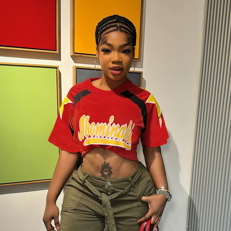 Women's European Style Casual Color-Block Short Sleeve Patchwork Print Top