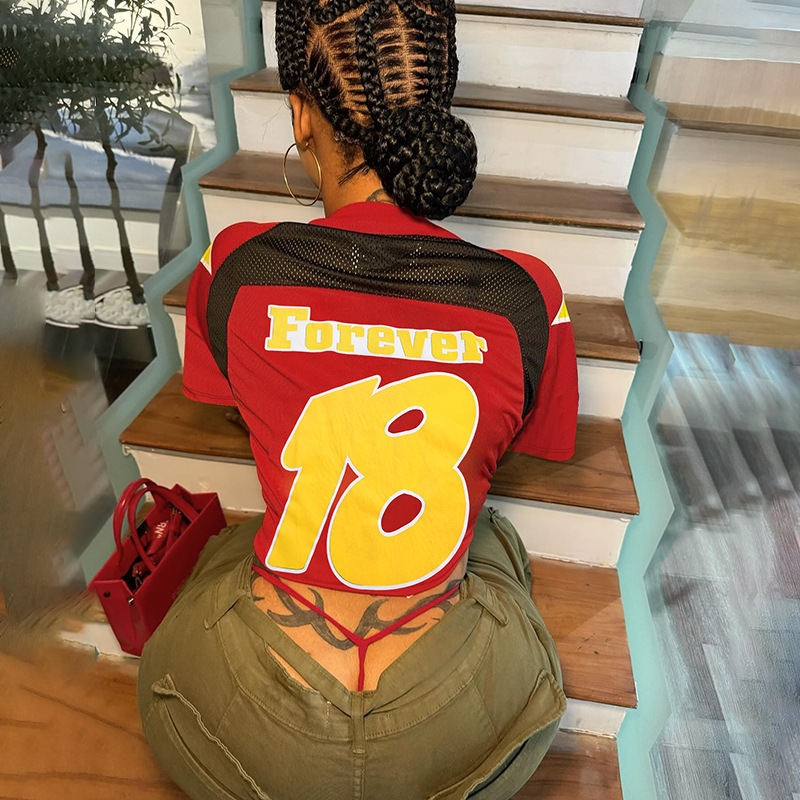 Women's European Style Casual Color-Block Short Sleeve Patchwork Print Top