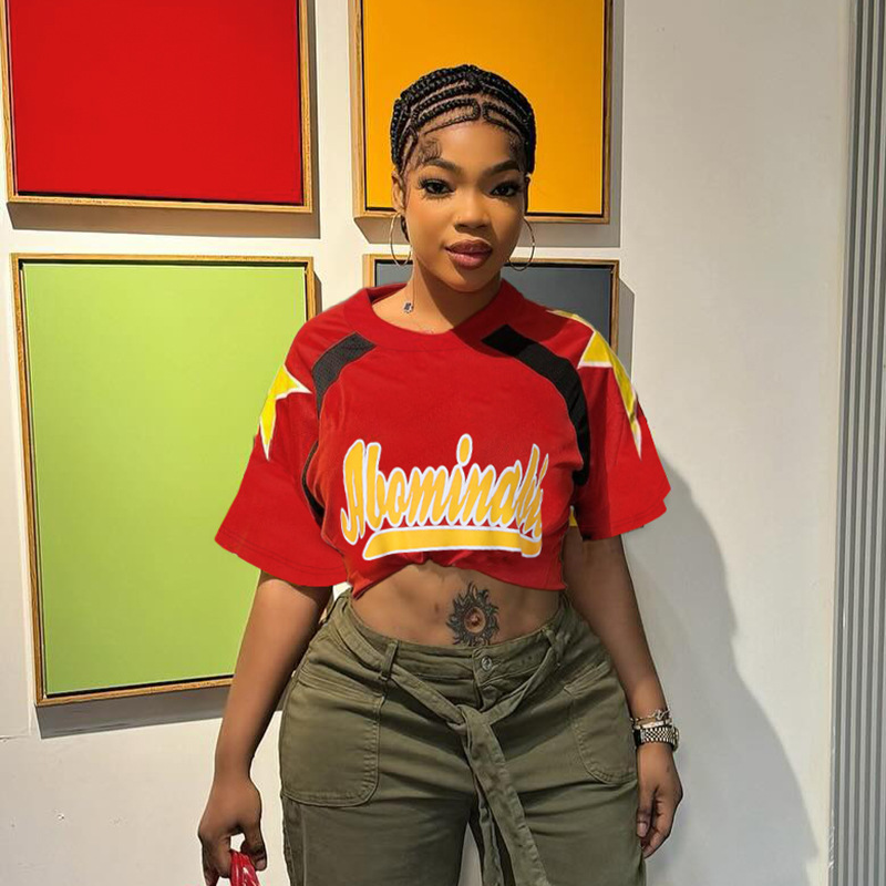 Women's European Style Casual Color-Block Short Sleeve Patchwork Print Top