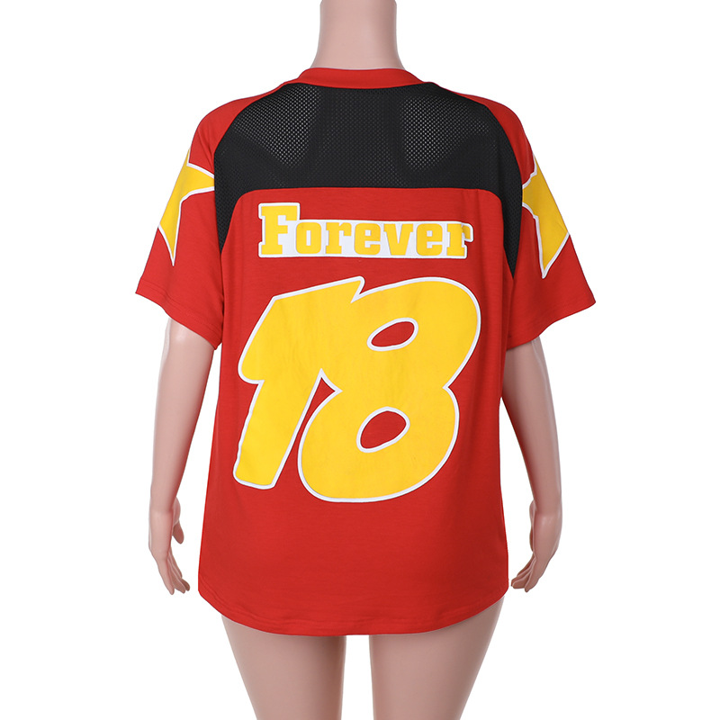 Women's European Style Casual Color-Block Short Sleeve Patchwork Print Top