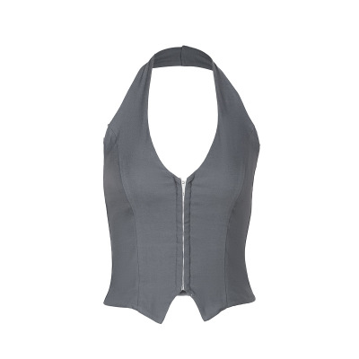 2025 Summer New Women's Halter Neck V-Neck Buckle Crop Tank 01
