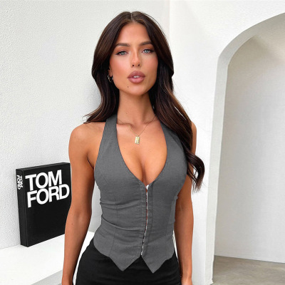 2025 Summer New Women's Halter Neck V-Neck Buckle Crop Tank 02