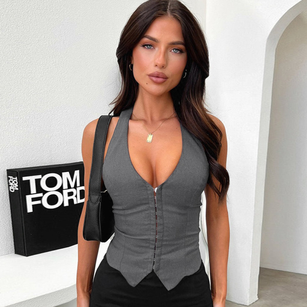2025 Summer New Women's Halter Neck V-Neck Buckle Crop Tank